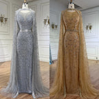 Serene Hill  Customized 2026 Gray Arabic Mermaid Beaded Evening Dresses With Detachable Long Cape For Formal Occasion DLA72180
