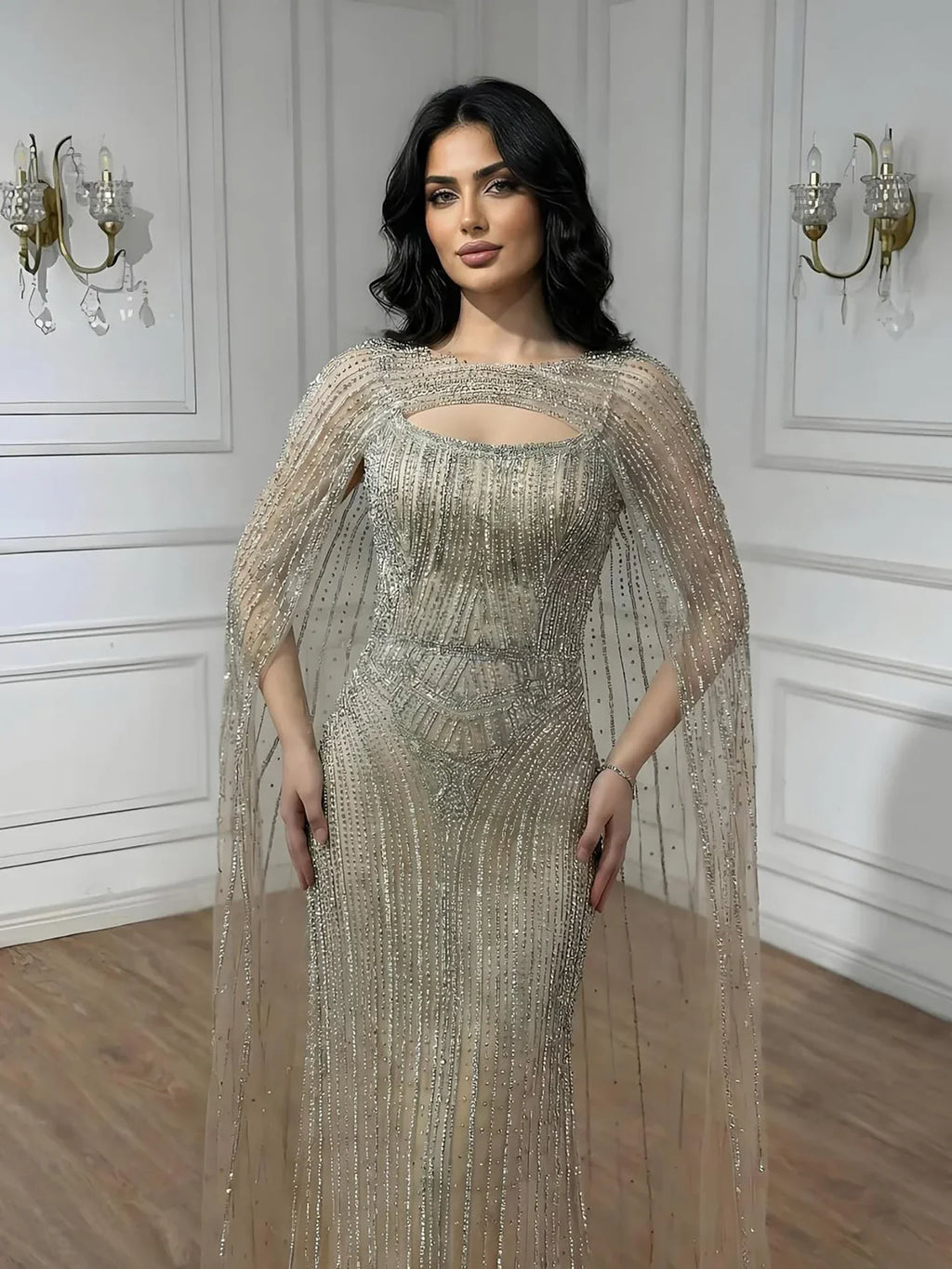 Abito da Sera con Mantella Blu Diamante di Lusso LA73426