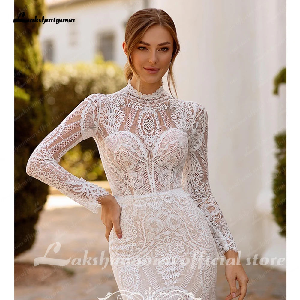 Lakshmigown High Neck Long Sleeves Mermaid Wedding Dress Lace Bohemia Bridal Gown For Women With Appliques Customized