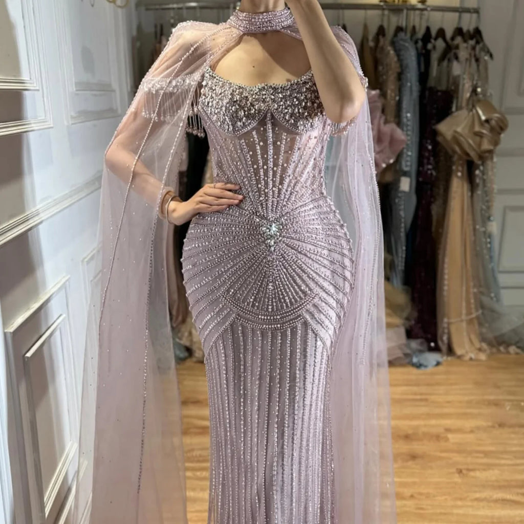 Serene Hill 2026 Pearl Beaded Mermaid Caramel Evening Dresses Elegant Formal Party Gown with Sheer Cape Customized DLA73148C