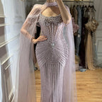 Serene Hill 2026 Pearl Beaded Mermaid Caramel Evening Dresses Elegant Formal Party Gown with Sheer Cape Customized DLA73148C