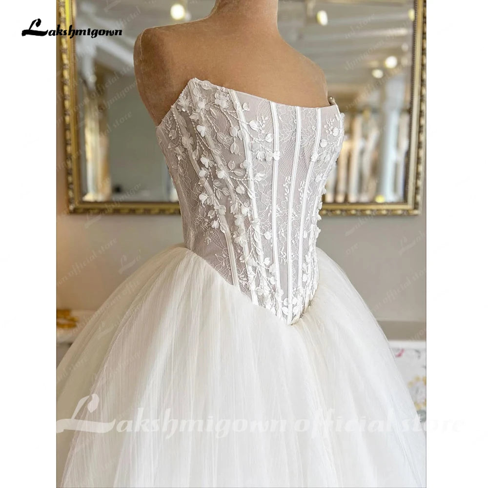 Lakshmigown Strapless 3D Flowers Wedding Gown Back Lace Up Puff Bridal Gown Vestidos De Novia Boda Floor Length Customized