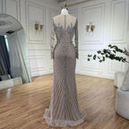 Serene Hill Customized Sliver Nude Long Sleeves Pearls Beaded Luxury Evening Dresses Formal Party Gowns for Women DLA72478