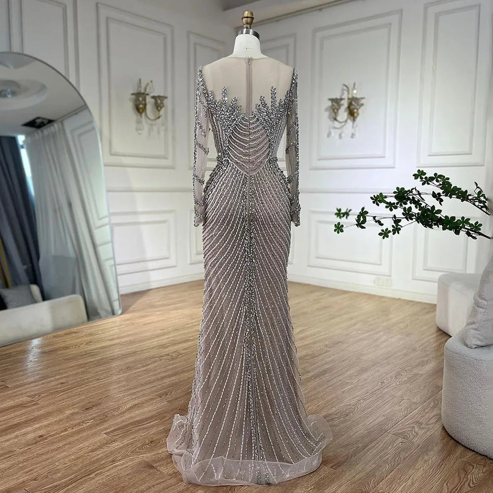 Serene Hill Customized Sliver Nude Long Sleeves Pearls Beaded Luxury Evening Dresses Formal Party Gowns for Women DLA72478