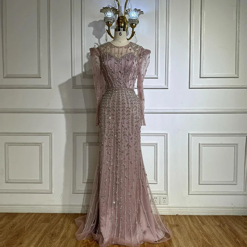 Serene Hill 2025 Pink Luxury Mermaid Pearls Beaded Dubai Evening Dress Gown for Formal Events DLA72826 Customized