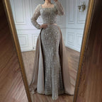 Serene Hill Turquoise Square Collar Mermaid Beaded Evening Dress Overskirt Party Gowns with Long Sleeves Customized DLA72533A