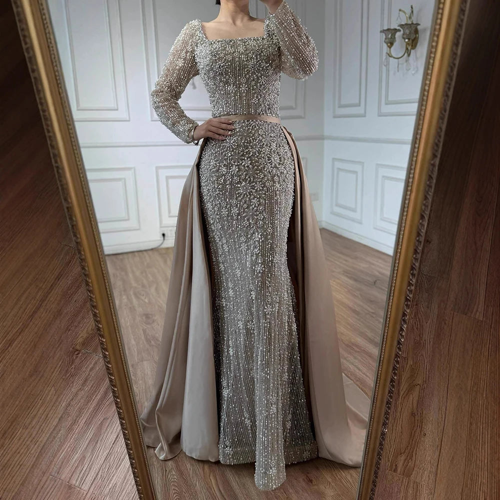 Serene Hill Turquoise Square Collar Mermaid Beaded Evening Dress Overskirt Party Gowns with Long Sleeves Customized DLA72533A