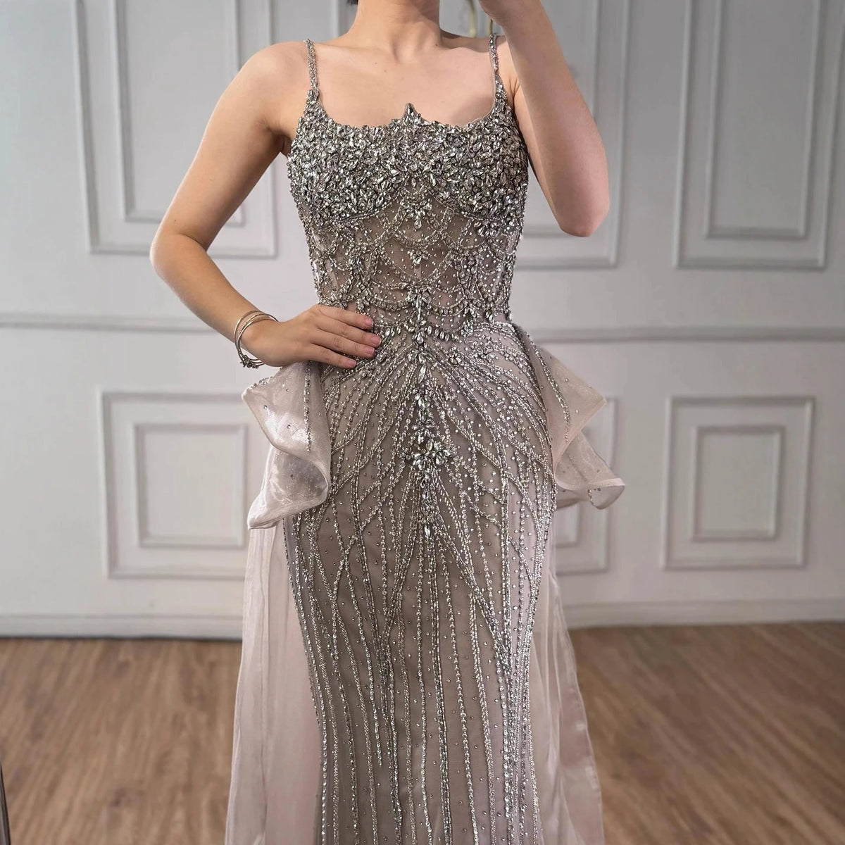 Serene Hill 2026 Luxury Caramel Crystal Beaded Spaghetti Strap Mermaid Evening Dress Gowns for Formal Party DLA72810A Customized