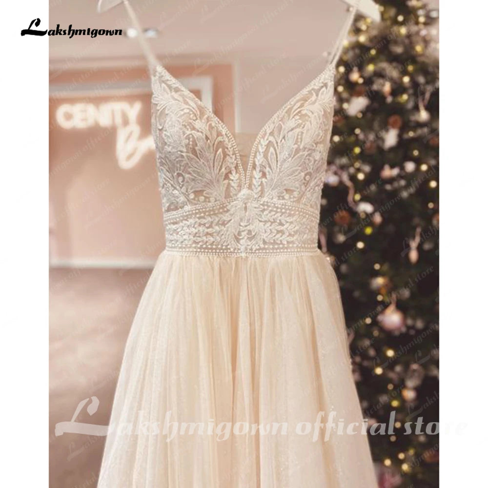 Lakshmigown Spaghetti Straps Champagne Boho Wedding Dress For Women Vestido Civil Bridal Customized Wedding Gowns Suknie Slubne