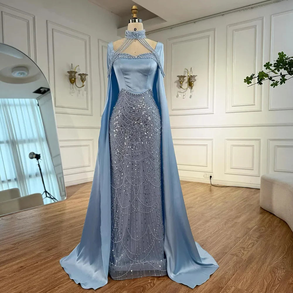 Serene Hill DLA73051 Pearls Beaded Blue Mermaid Evening Dress with Cape 2025 Elagent Party Gowns for Women Customized