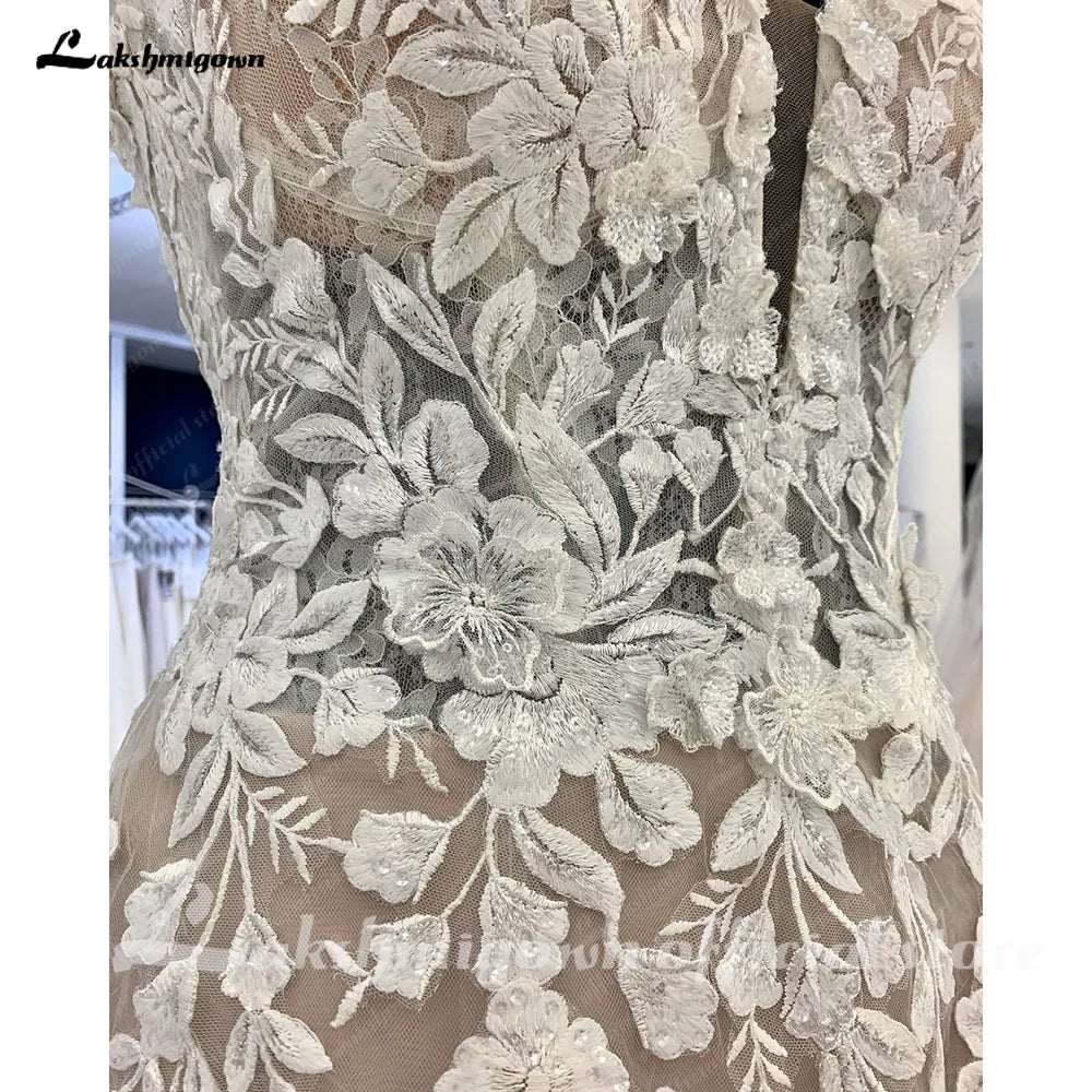 Lakshmigown Sexy Ladies Off Shoulder Lace Appliqués Beach Wedding Dresses Boho Bridal Gowns Sleeveless Robe Customized