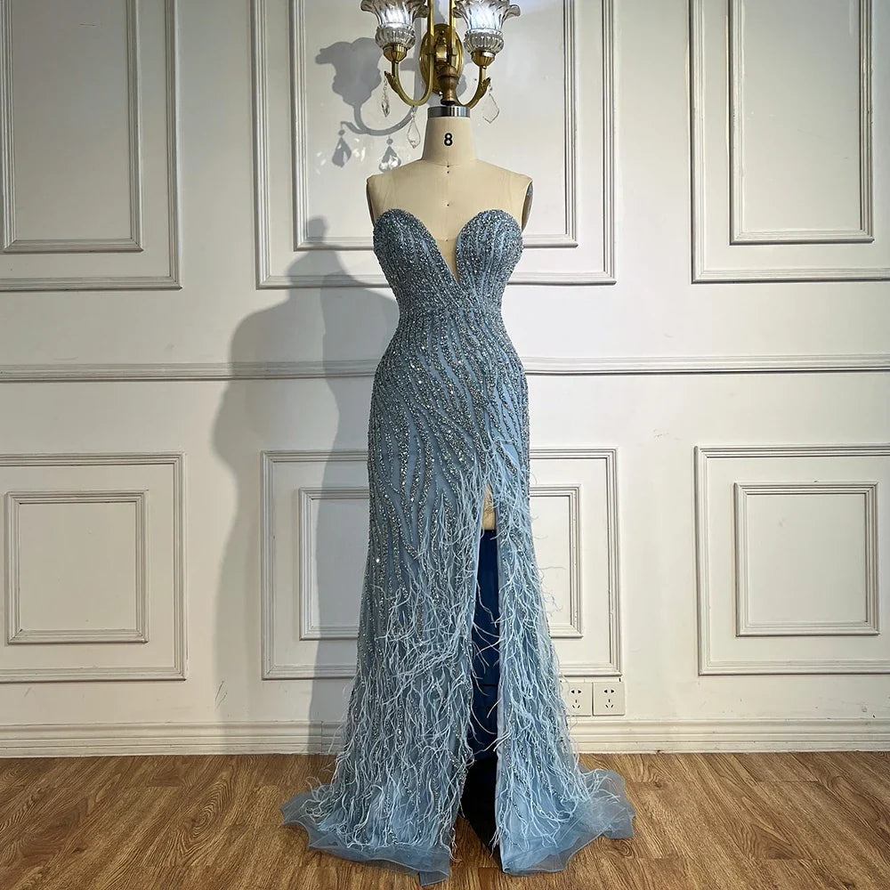 Customized Strapless Blue Luxury Beaded Feathers Slit Open Evening Party Gowns for Women | Nightbubo