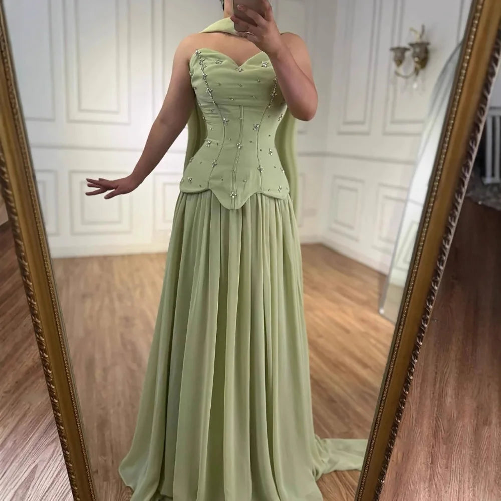 Elegante Verde Salvia   Abito da Sera a Linea A in Chiffon LA73073