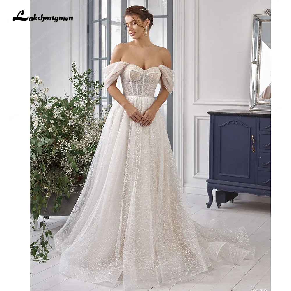 Lakshmigown Luxury Boat Neck Bohemian Wedding Dress Off-the-shoulder Draped Open Back Floor Length Wedding Gowns Customized