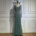 Serene Hill Turquoise V-neck Long Sleeve Mermaid Beaded Evening Dresses 2025 Luxury Party Gowns for Women DLA73042 Customized