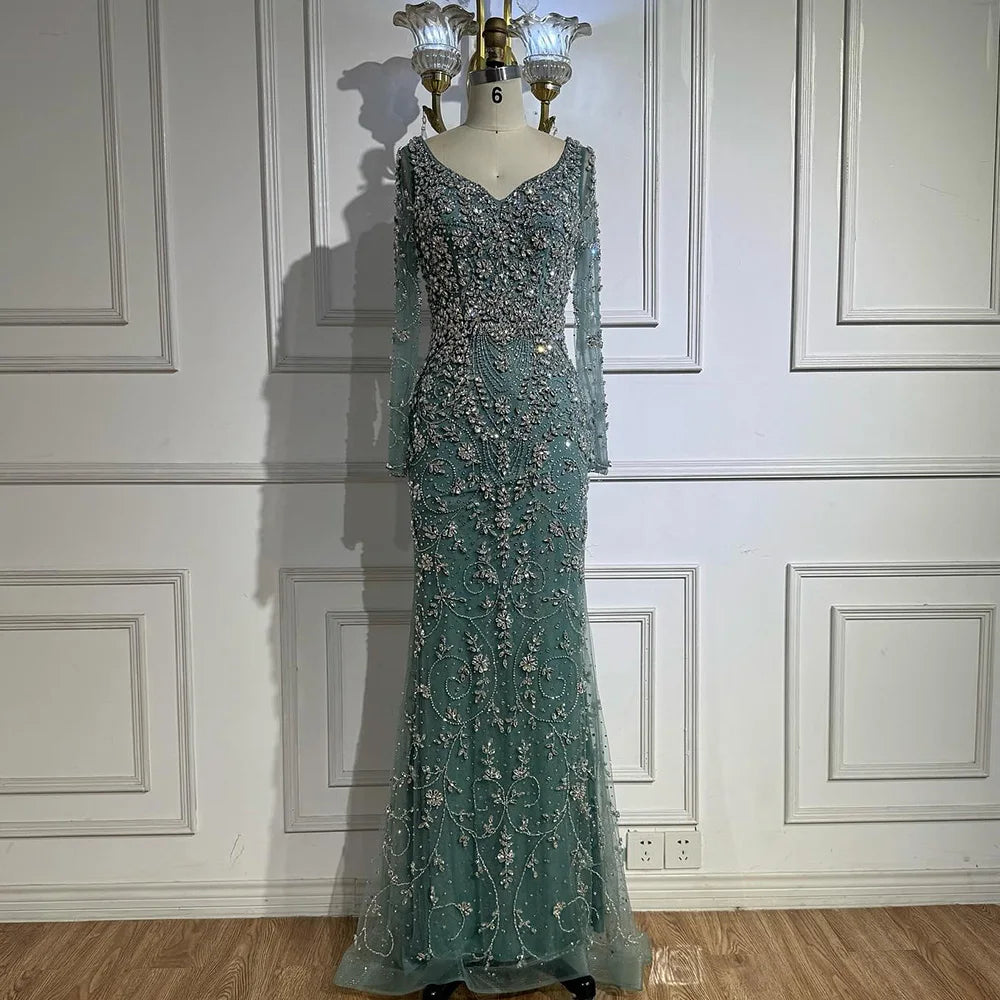 Serene Hill Turquoise V-neck Long Sleeve Mermaid Beaded Evening Dresses 2025 Luxury Party Gowns for Women DLA73042 Customized