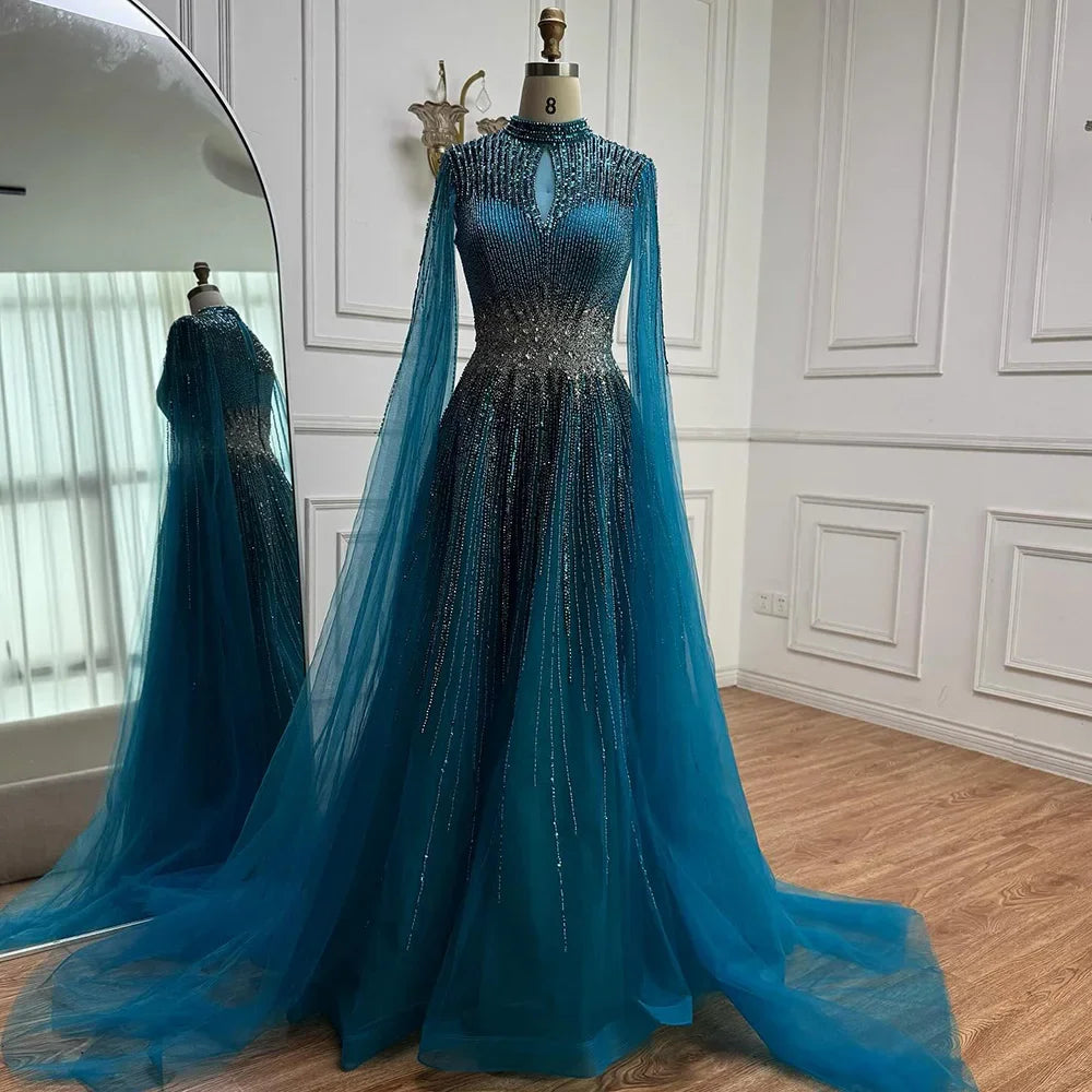 Elegant Modest Blue Beaded Evening Dress with Cape Sleeves Dubai Gown Serene Hill 2025 Customized DLA73059