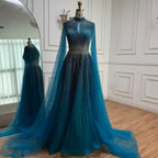 Elegant Modest Blue Beaded Evening Dress with Cape Sleeves Dubai Gown Serene Hill 2025 Customized DLA73059