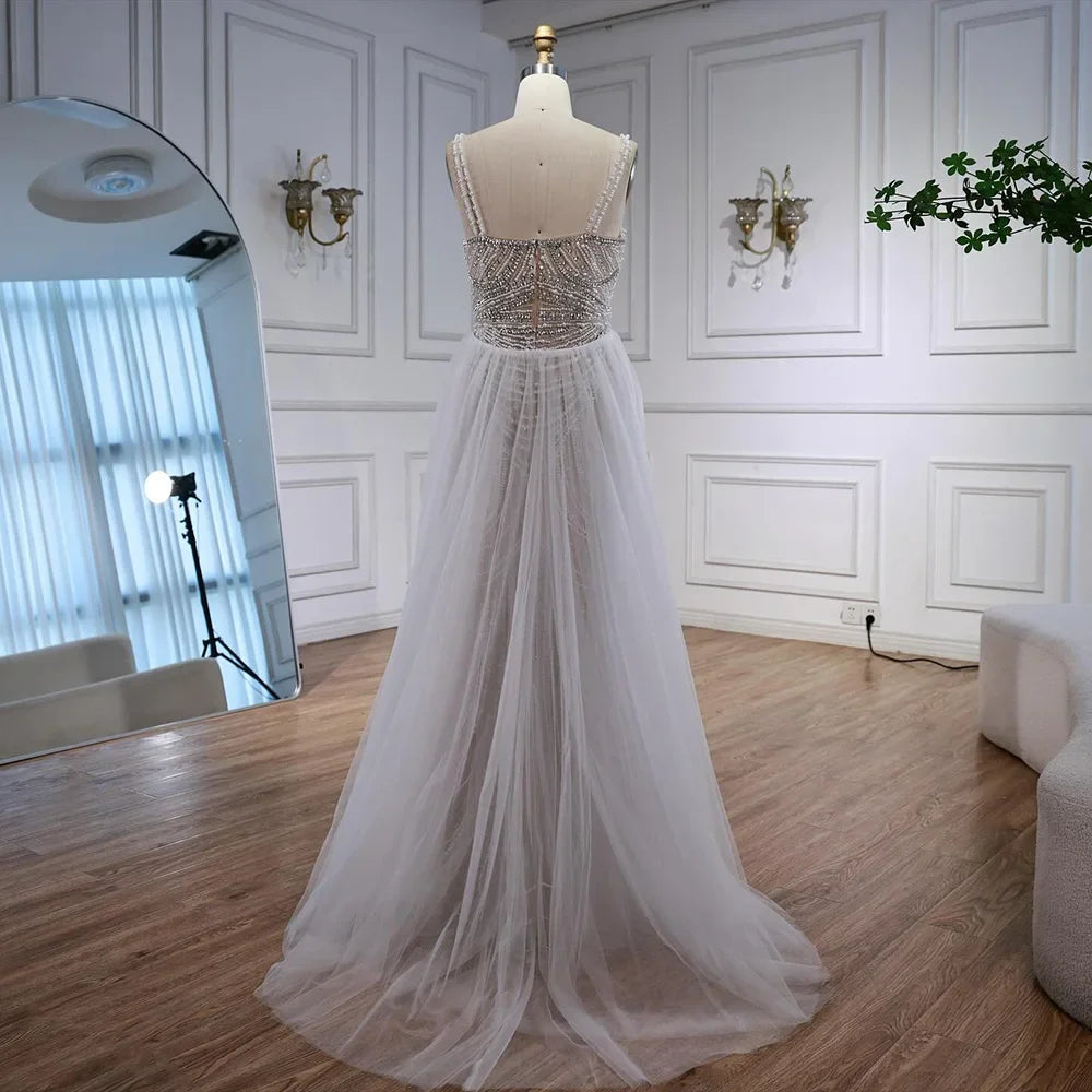 Serene Hill White Nude V-neck Sleeveless Mermaid Beaded Evening Dress with Overskirt Wedding Party Gowns DLA72253A Customized