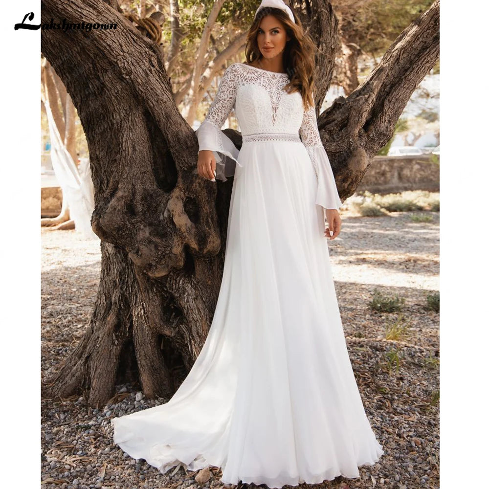 Lakshmigown Bohemian Wedding Dresses 2026 Flare Sleeve Boat Neck Lace Backless Chiffon A Line Boho Bridal Gown