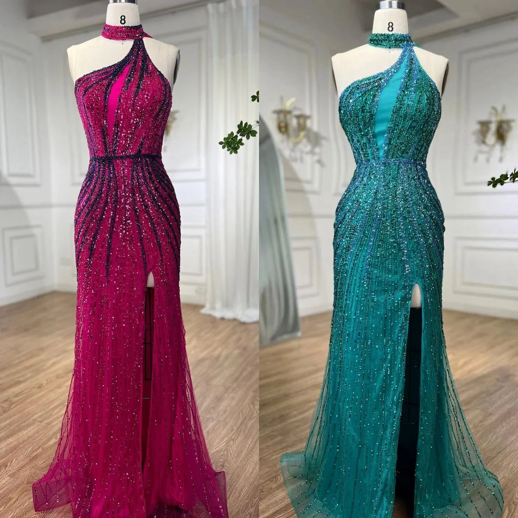 Serene Hill Green Halter Sleeveless Beaded Mermaid High Split Evening Dresses Party Gowns for Women DLA72092 Customized
