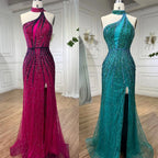 Serene Hill Green Halter Sleeveless Beaded Mermaid High Split Evening Dresses Party Gowns for Women DLA72092 Customized
