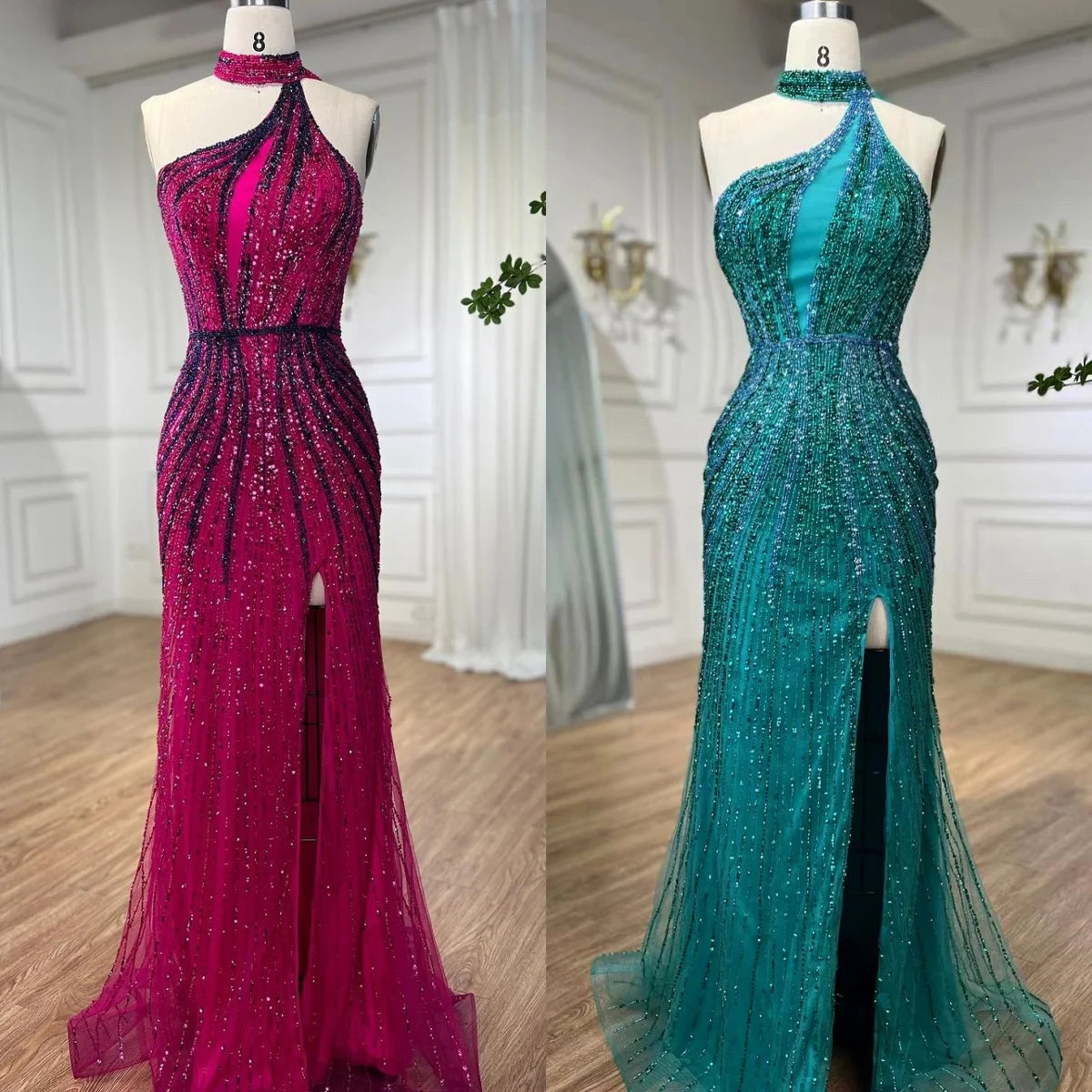 Serene Hill Green Halter Sleeveless Beaded Mermaid High Split Evening Dresses Party Gowns for Women DLA72092 Customized