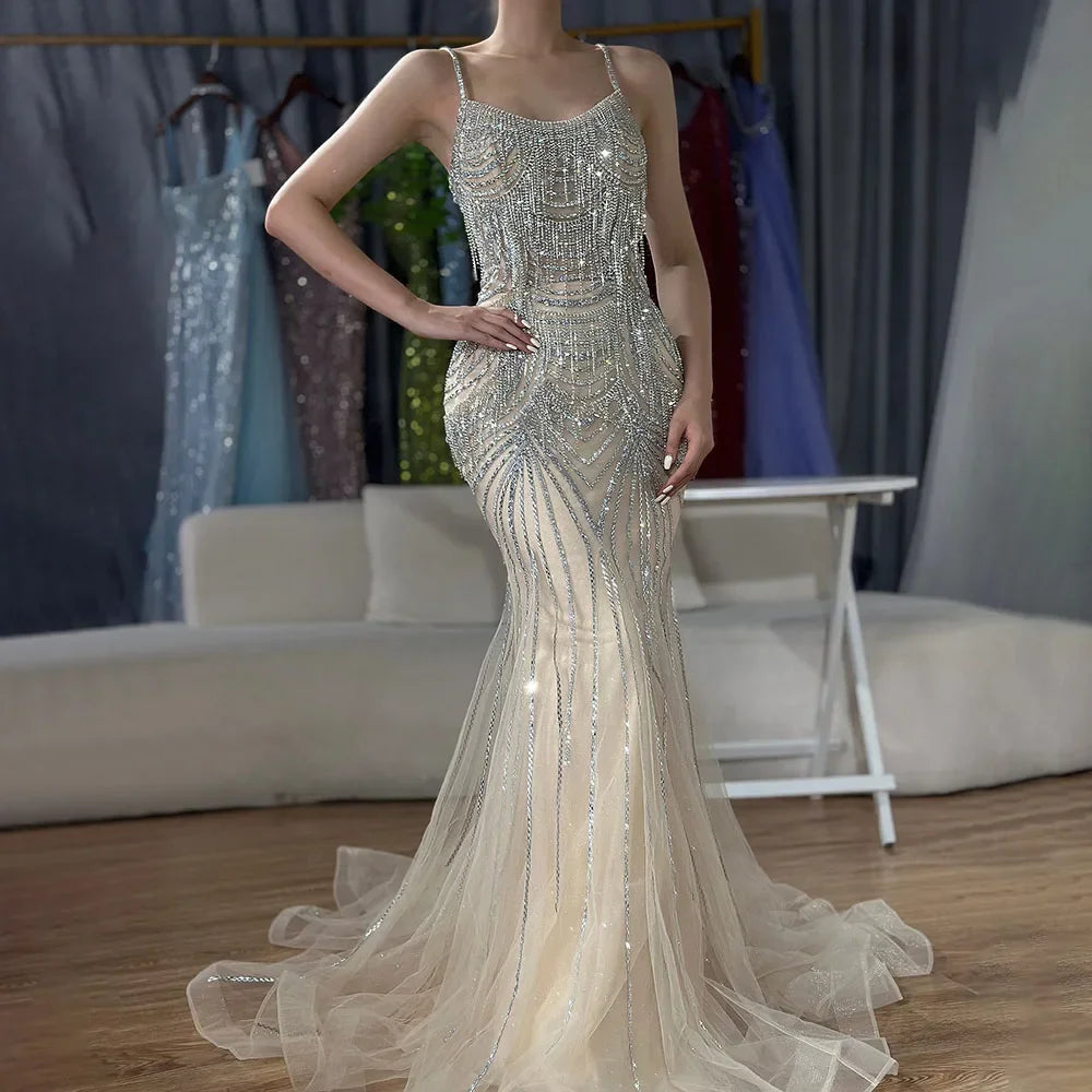 Serene Hill 2025 Elegant Silver Nude Spaghetti Strap Mermaid Evening Dress with  Beaded Tassels for Party DLA72772 Customized