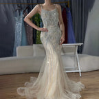 Serene Hill 2025 Elegant Silver Nude Spaghetti Strap Mermaid Evening Dress with  Beaded Tassels for Party DLA72772 Customized