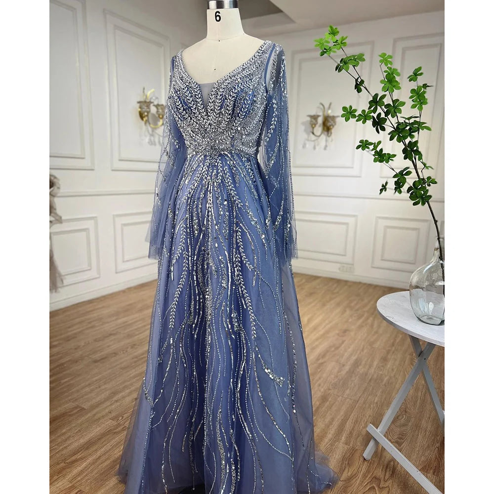 Serene Hill Customized Blue A Line Beaded Evening Dresses Arabic Wedding Party Formal Gowns 2024 For Women DLA72099 rts