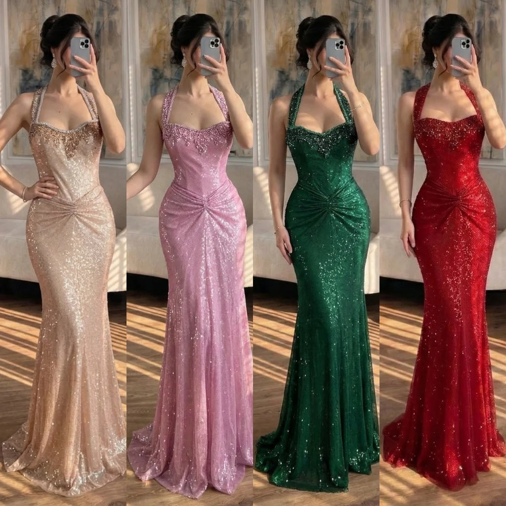 Serene Hill Rose Gold Mermaid Beaded Evening Dress Elegant Sparkly Wedding Party Gown with Ruched Waist DLA73410B Customized