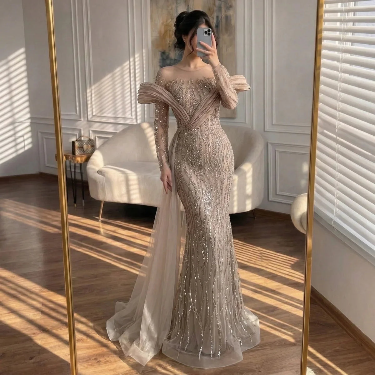 Pink Long Sleeves Mermaid Beaded Evening Dresses Elegant Wedding Party Gowns for Women Customized | Nightbubo