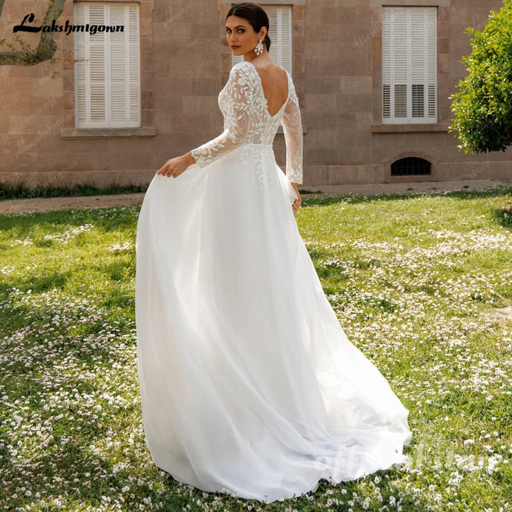 Lakshmigown Lace V-Neck Chiffon Wedding Dress for Women A-Line Sweep Train Backless Vestidos De Novia  Customized