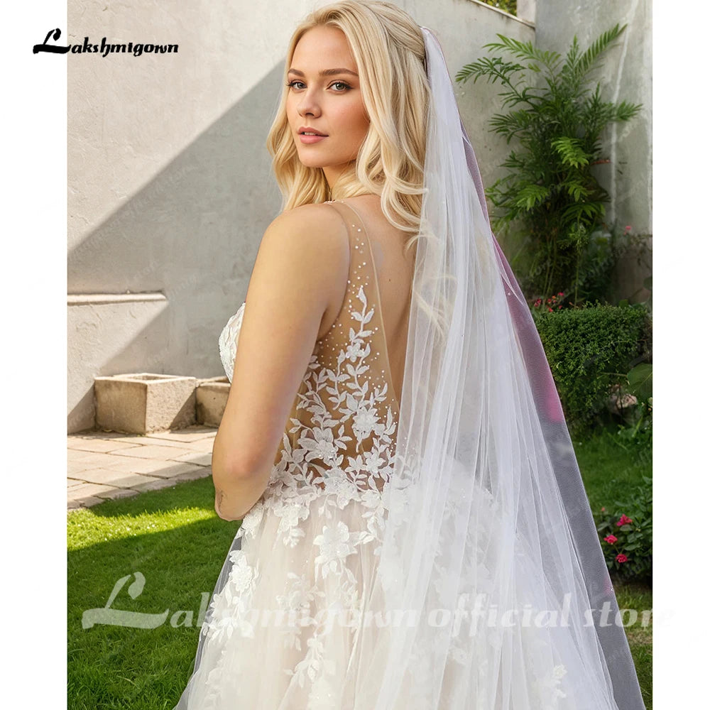 Lakshmigown Unlined Bodice FLowy A Line Tulle Wedding Dress With V Neck Bridal Gown Beach Bridal Gown Customized Robe De Mariee