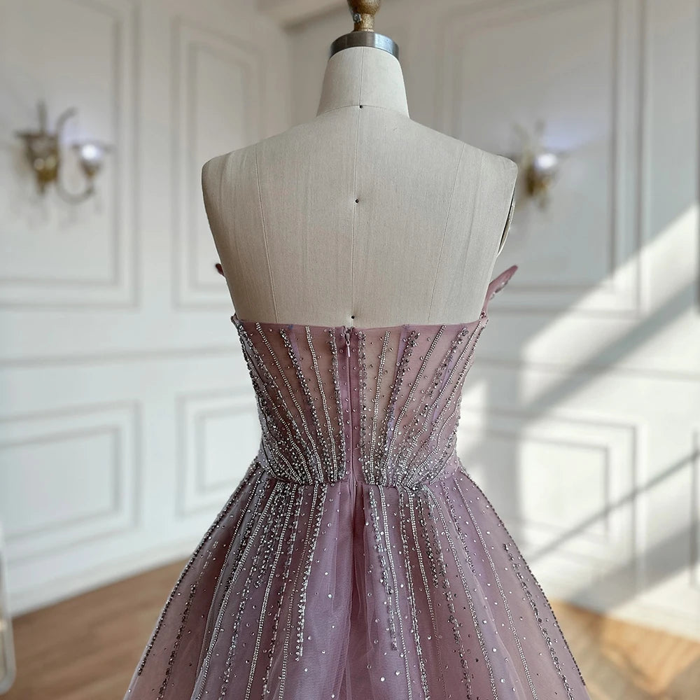 Serene Hill Customized 2025 Pink Crystal Beaded Saudi Mermaid Evening Dresses Gowns with Overskirt for Formal Occasion DLA72811