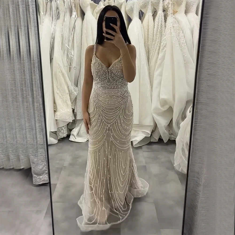 Serene Hill White Nude V-neck Sleeveless Mermaid Beaded Evening Dress with Overskirt Wedding Party Gowns DLA72253A Customized