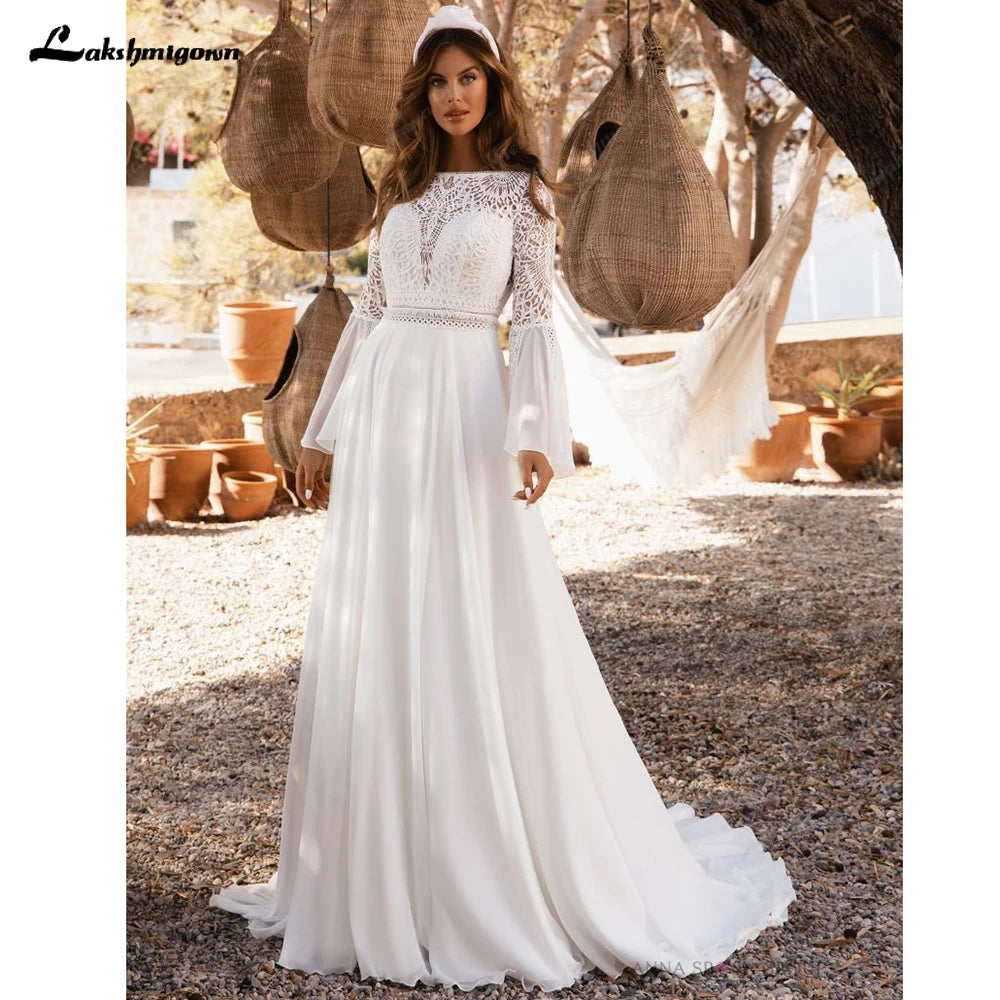 Lakshmigown Bohemian Wedding Dresses 2026 Flare Sleeve Boat Neck Lace Backless Chiffon A Line Boho Bridal Gown