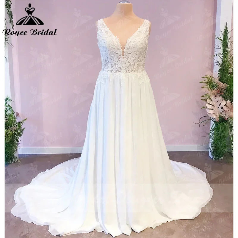 Lakshmigown Plus Size Wedding Dress A Line V Neck Tank Lace Appliques Chiffon Wedding Party Gowns Bride Gown Customized