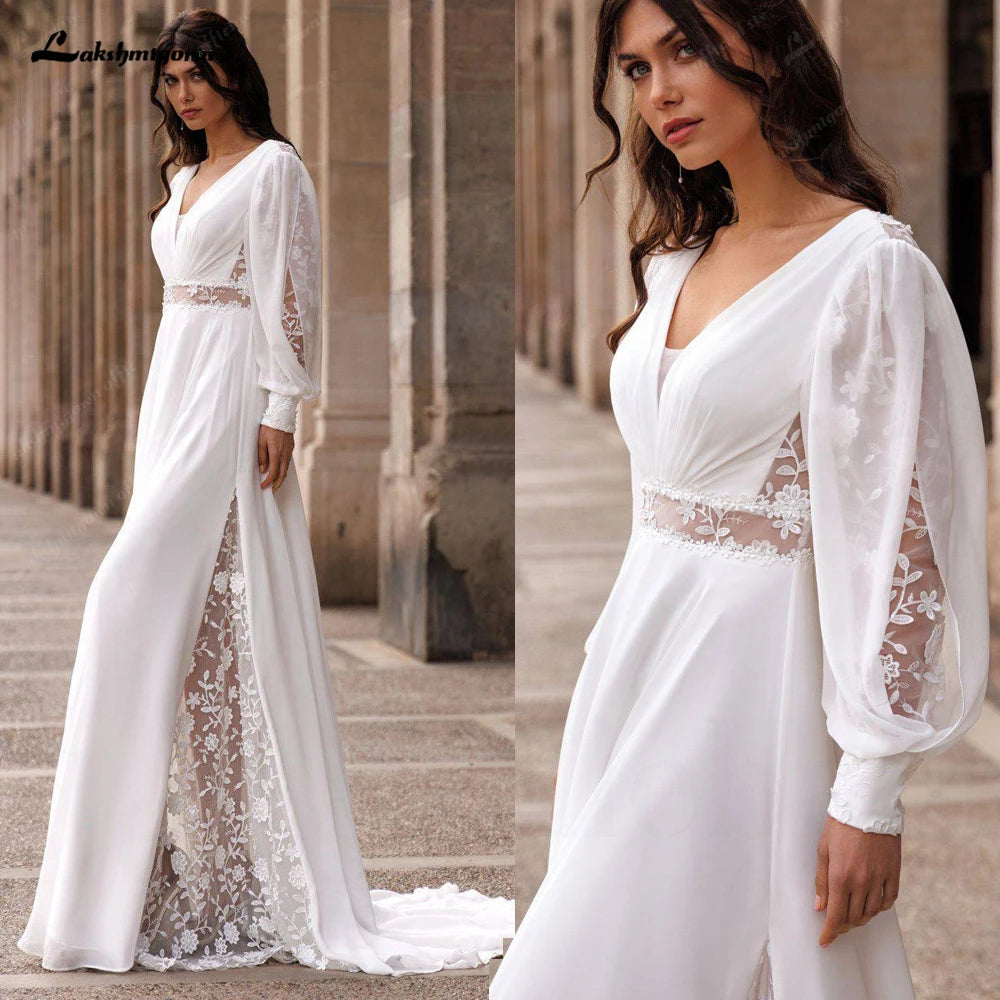 Lakshmigown Summer Chiffon Wedding Dress 2026 Puff Sleeves Lace Split A Line Sweep Train Woman Bridal Gown Boho Customized