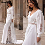 Lakshmigown Summer Chiffon Wedding Dress 2026 Puff Sleeves Lace Split A Line Sweep Train Woman Bridal Gown Boho Customized