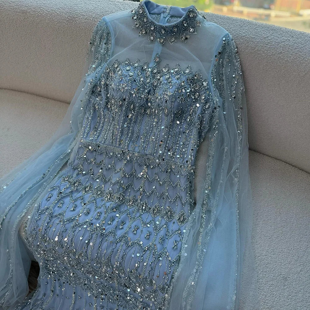Serene Hill Dubai Blue Beaded Evening Dress with Cape Sleeves 2025 Formal Party Gowns for Women DLA72714A Customized