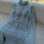 Serene Hill Dubai Blue Beaded Evening Dress with Cape Sleeves 2025 Formal Party Gowns for Women DLA72714A Customized