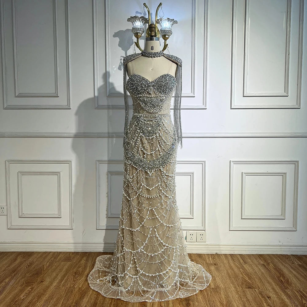 Serene Hill Nude Strapless Mermaid Pearls Beaded Evening Gowns Luxury Party Dress with Tassel DLA72876 Customized