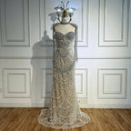 Serene Hill Nude Strapless Mermaid Pearls Beaded Evening Gowns Luxury Party Dress with Tassel DLA72876 Customized