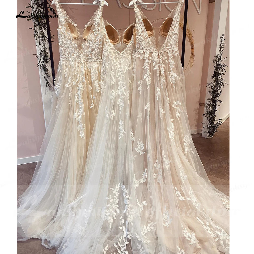 Lakshmigown V Neck Lace Appliques Wedding Dresses Customized Champagne Bridal Gowns A Line Wedding Gown Estido De Noiva Praiano