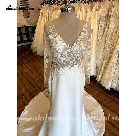 NumberSea Vintage Spitze Langarm Boho Brautkleider 2025 Abito Da Sposa Sexy Weiche Satin Brautkleid Tiefer Offener Rücken 