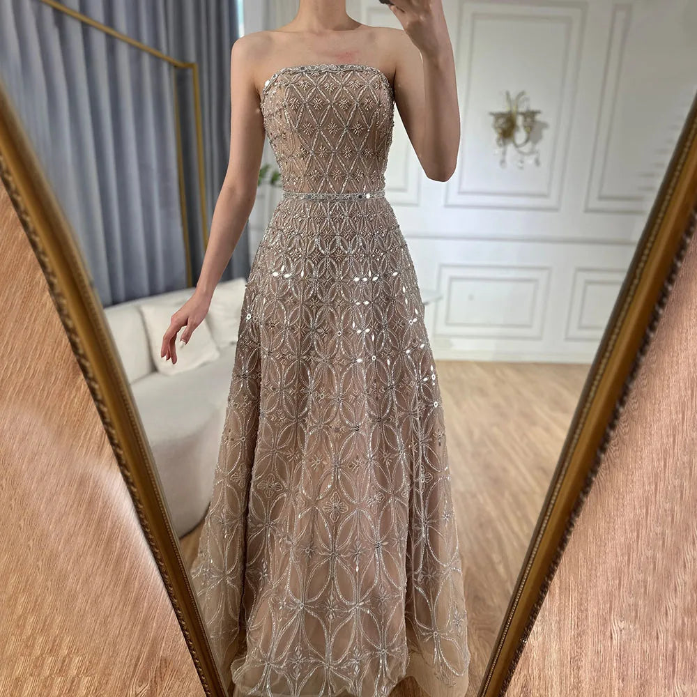 Serene Hill Customized 2026 Caramel Strapless A Line Beaded Evening Prom Dresses Elegant Party Gowns for Women DLA72755