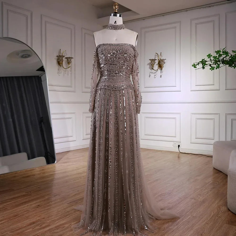Elegant Caramel Beaded Off Shoulder Evening Dress with Long Sleeves for Formal Party Customized | Nightbubo