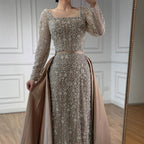 Serene Hill Turquoise Square Collar Mermaid Beaded Evening Dress Overskirt Party Gowns with Long Sleeves Customized DLA72533A