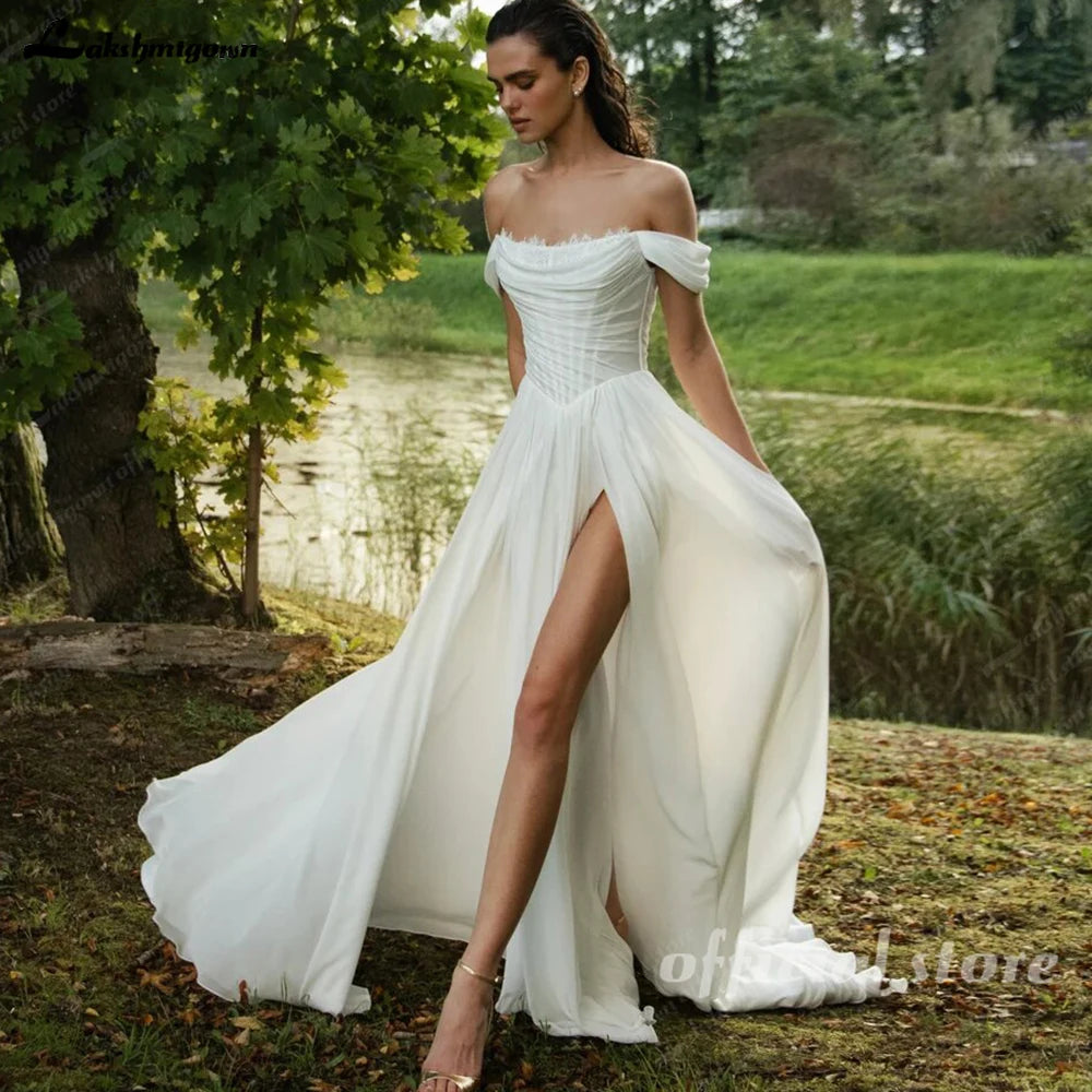 Lakshmigown Chiffon Beach Wedding Dresses 2026 New Split Side Strapless Garden Bridal Gowns Lace Up Back Customized
